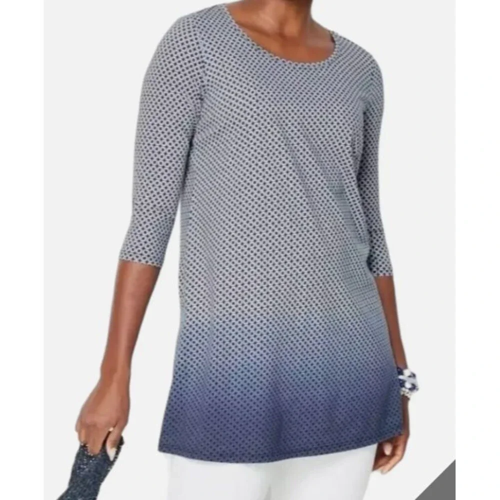 Pure J. Jill Top XL Blue Ombre Medallion Geo Print Ballet Sleeve Tunic Cotton